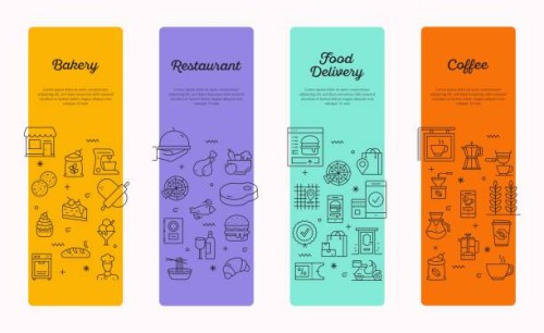 collective design of topics such as bakery, restaurant, food, coffee. in web use, brochures, phone applications, etc. colorful and simple design that can be used in any area. - food stock illustrations