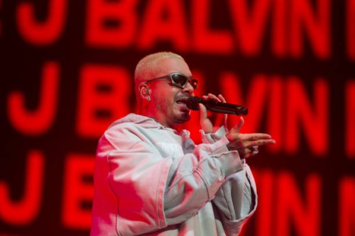Colombian singer J Balvin performs on stage during a show as part of the tour to present his new album "Jose" at Antel Arena on October 12, 2022 in...
