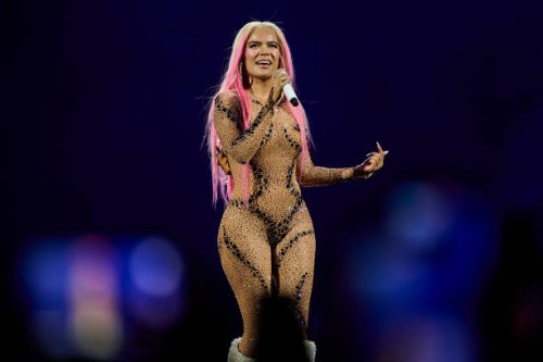 Colombian singer Karol G performs on stage during the "Mañana Será Mejor Europe Summer Tour at Santiago Bernabéu Stadium on July 20, 2024 in Madrid,...
