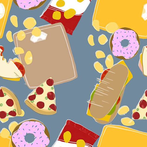 colorful illustration of fast food items in a seamless pattern - junk food stock illustrations
