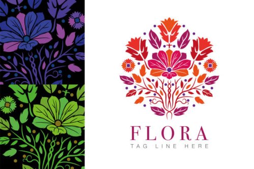 colorful monogram emblem with flowers and leaves - garden decoration stock illustrations