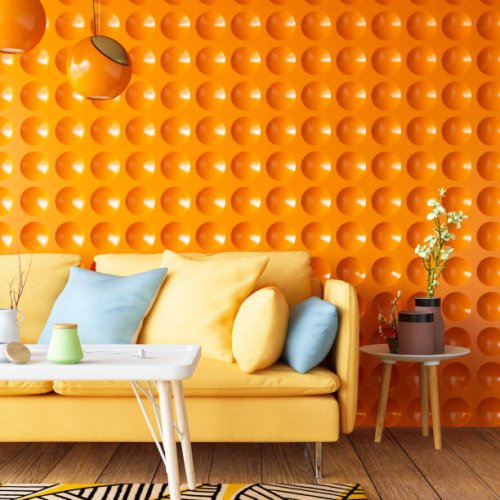 colorful sofa with geometric orange wall - home decoration stock pictures, royalty-free photos & images
