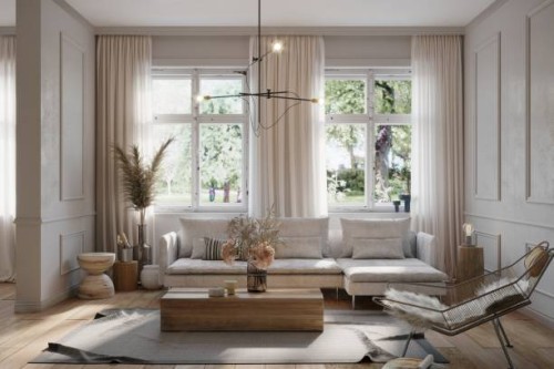 comfortable living room with sofa and windows - home decoration stock pictures, royalty-free photos & images