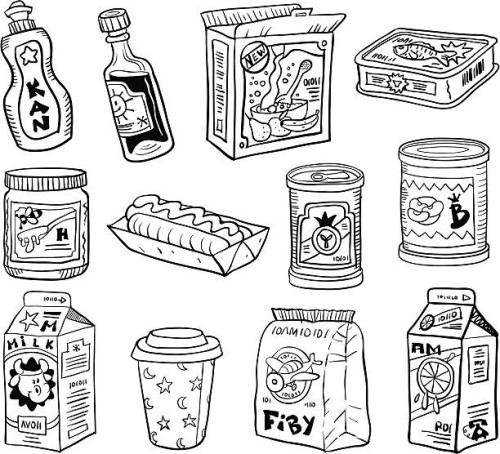 comic set kitchen packaging - junk food stock illustrations