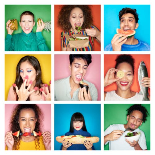 composite image of people eating healthy food - food stock pictures, royalty-free photos & images