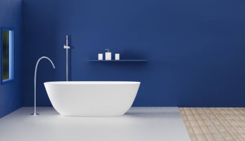 computer generated image of bathroom with bathtub, metal faucets and glasses, wooden and metal floor, 3d rendering - home decoration stock pictures, royalty-free photos & images