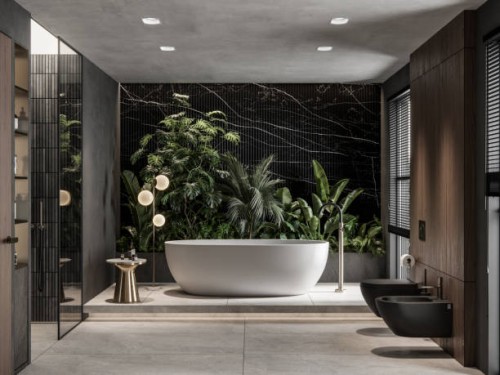 computer generated image of interior of bathroom in 3d with houseplant - home decoration stock pictures, royalty-free photos & images