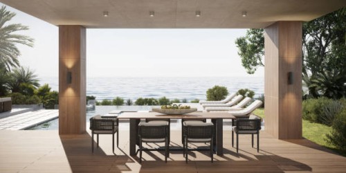 computer generated image of luxury house poolside overlooking the sea - home decoration stock pictures, royalty-free photos & images