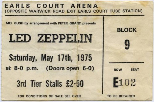 Concert ticket for a Led Zeppelin concert at the Earls Court Arena for May 17, 1975 in London, England.
