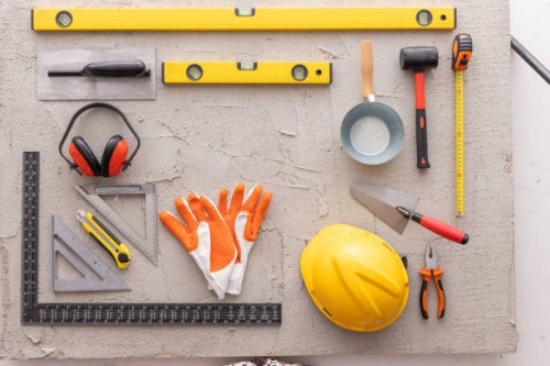 construction tools on concrete background copy space stock photo - home decoration stock pictures, royalty-free photos & images