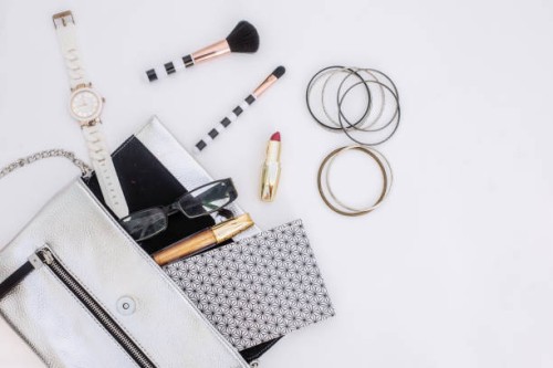 content of woman bag.overhead shot - fashion stock pictures, royalty-free photos & images