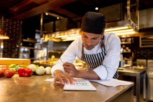 cook working at a restaurant and looking at a recipe online - food stock pictures, royalty-free photos & images