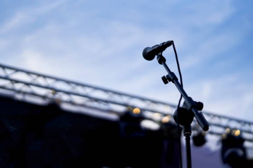 copy space microphone black color standing with clipping path isolated no people - concert stock pictures, royalty-free photos & images