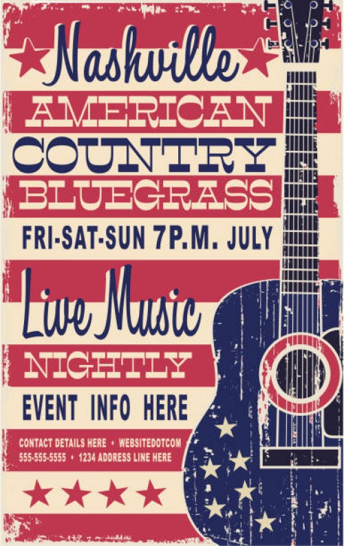 country bluegrass festival retro show style retro poster typography design template with textured acoustic guitar with american flag - concert stock illustrations