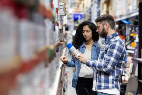 couple shopping for spray paint at a hardware store - home decoration stock pictures, royalty-free photos & images