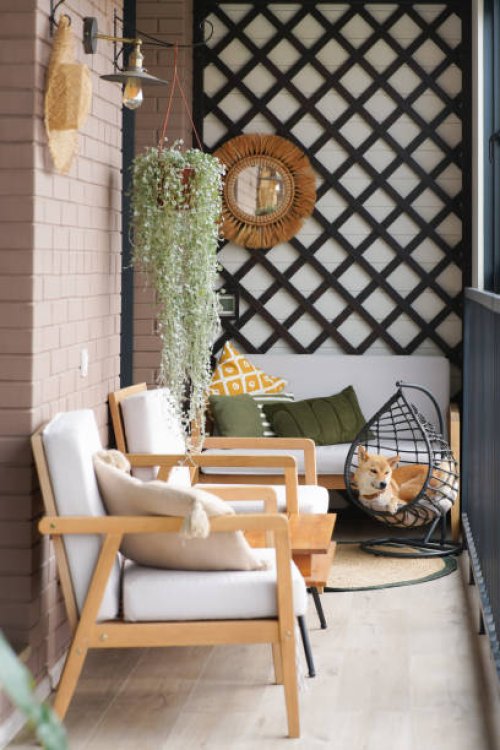 cozy balcony interior in scandinavian style - home decoration stock pictures, royalty-free photos & images