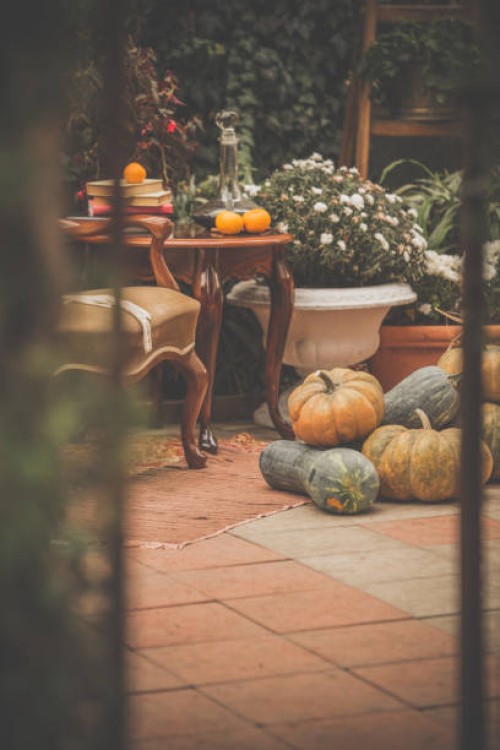 cozy corner in an autumn garden - garden decoration stock pictures, royalty-free photos & images