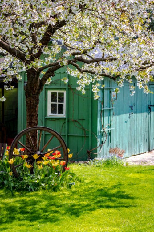 cozy cottage in a country garden, germany - garden decoration stock pictures, royalty-free photos & images