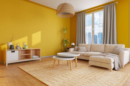 cozy living room with yellow walls - home decoration stock pictures, royalty-free photos & images