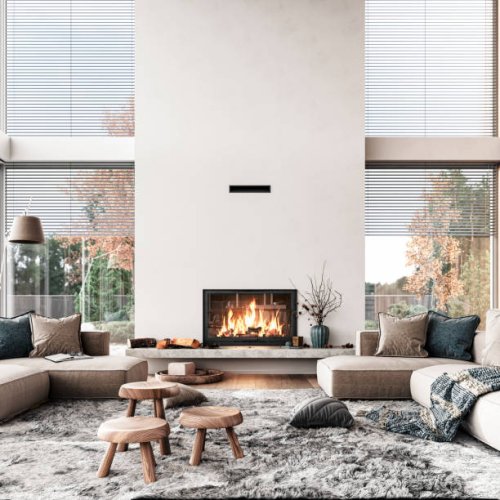 cozy, luxury and modern living room with large windows, sofa, decoration and fireplace - garden decoration stock pictures, royalty-free photos & images