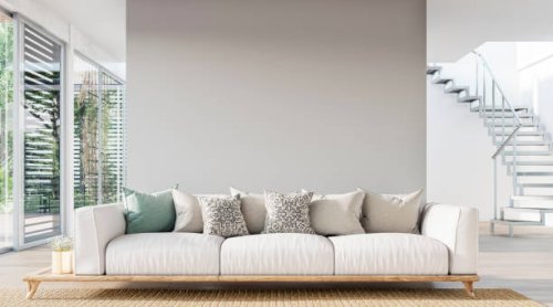 cozy, luxury, and modern living room with sofa, windows and decoration - a close up on the sofa - garden decoration stock pictures, royalty-free photos & images