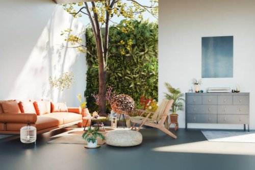 cozy modern living room - garden decoration stockfoto's en -beelden