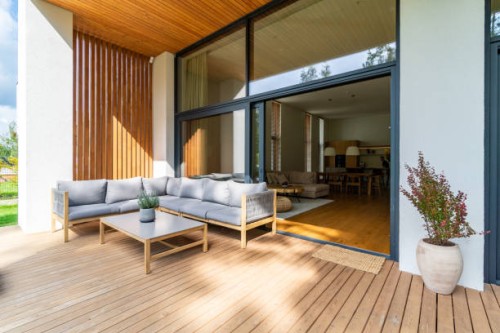 cozy patio with entrance to the house - home decoration stock pictures, royalty-free photos & images