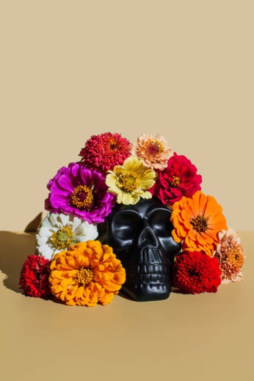 creative halloween or santa muerte idea. mexican skull with bright flowers on beige background. concept of day of the dead, dia de los muertos. - home decoration stock pictures, royalty-free photos & images
