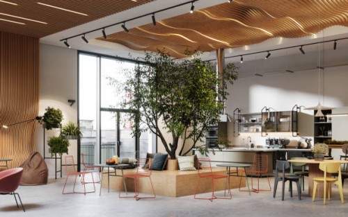creative office interior with cafeteria in 3d - home decoration stock pictures, royalty-free photos & images
