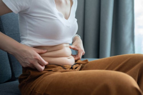 cropped shot of woman touching and squeezing her fat belly. - junk food stock pictures, royalty-free photos & images