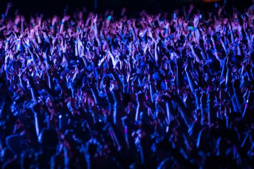 crowd of people cheering at a music festival at night - concert stock pictures, royalty-free photos & images