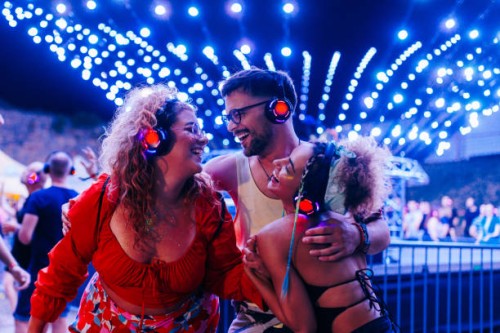 crowd of people partying on summer festival. - concert stock pictures, royalty-free photos & images