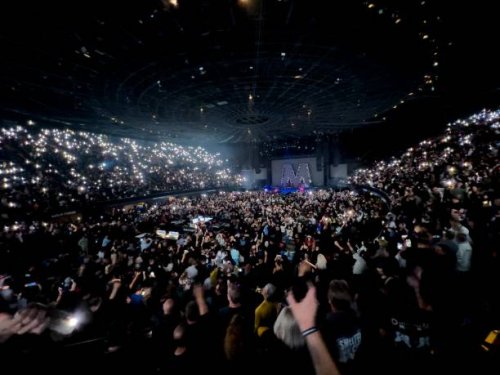 Crowd with iPhone flashlights on Depeche Mode performs at Forum Los Angeles, California.