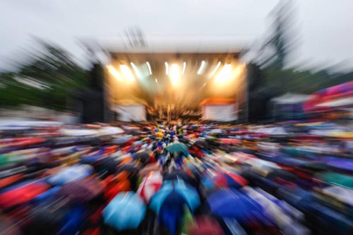 crowded music festival with audience carrying umbrellas - concert stock pictures, royalty-free photos & images
