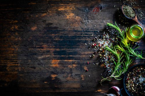 culinary border of rosemary, salt, pepper and oil - food stock pictures, royalty-free photos & images