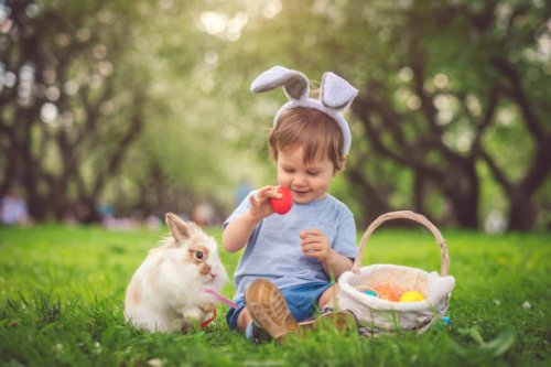 cute little boy playing with bunny and easter eggs - garden decoration stock pictures, royalty-free photos & images
