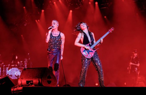 Damiano David and Victoria De Angelis of Måneskin perform at San Siro Stadium on July 24, 2023 in Milan, Italy.