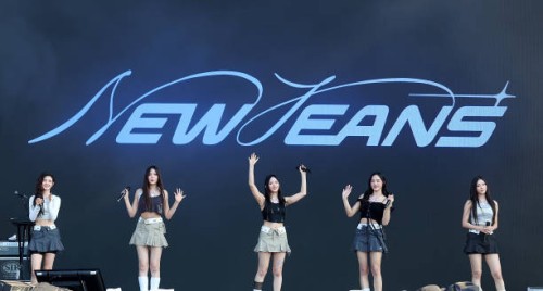 Danielle, Hyein, Hanni, Minji and Haerin of NewJeans perform in concert during Lollapalooza at Grant Park on August 03, 2023 in Chicago, Illinois.