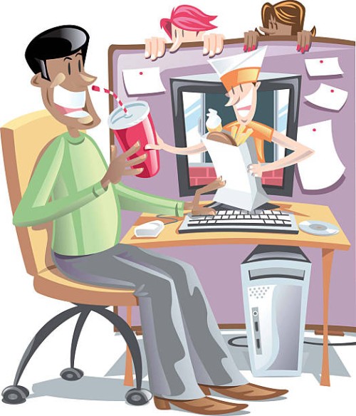 Dave Seymour color illustration of worker in cubicle enjoying fast food service comnig through the computer screen as co-workers look on.