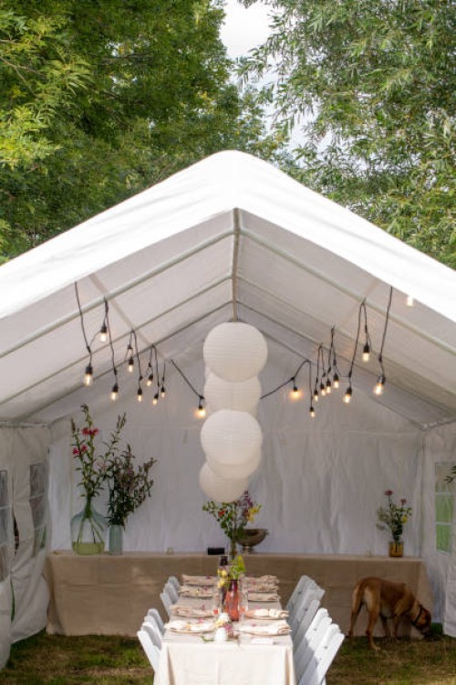 decorated diner table outdoors in a garden. wedding or garden party setting. champagne glasses with a strawberry on the table. summer setting. rose or sangria on the table. white tablecloth and napkin. - garden decoration sto