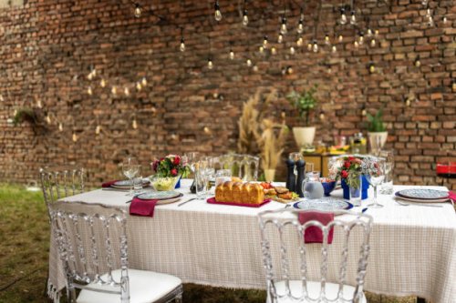 decorated dining table ready for dinner party at backyard - garden decoration stock pictures, royalty-free photos & images