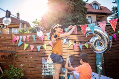 decorating our backyard for a birthday party - garden decoration stock pictures, royalty-free photos & images