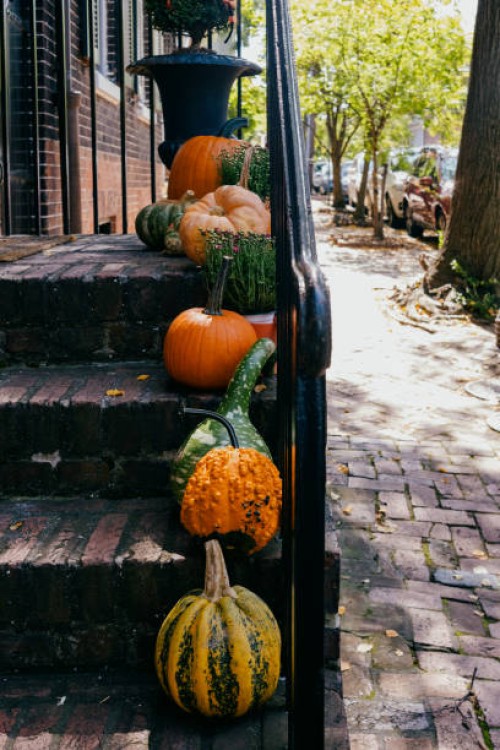 decorative gourds adorn brick steps - garden decoration stock pictures, royalty-free photos & images