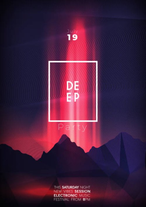 deep party poster design with dark neon mountains - concert stock illustrations