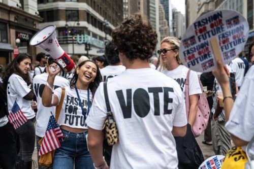 Demonstrators during the "Fashion For Our Future" march in New York, US, on Friday, Sep. 6, 2024. The Council of Fashion Designers of America and...