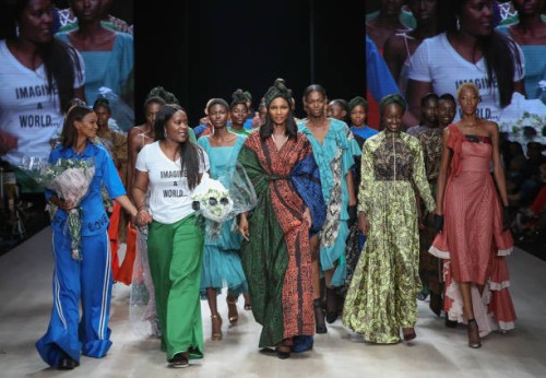 Designer Odio Mimonet model walk the runway wearing Odio Mimonet during Arise Fashi on Week on April 21, 2019 in Lagos, Nigeria.