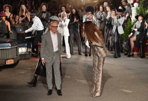 Designer Tommy Hilfiger and actress Zendaya appear on the runway for the Tommy Hilfiger TommyNow fall runway show at the Apollo Theater on September...