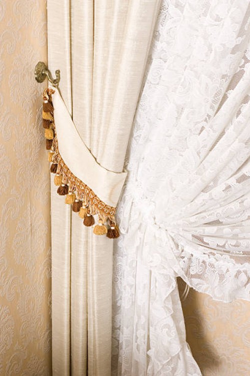 detail of curtains drawn back - home decoration stock pictures, royalty-free photos & images