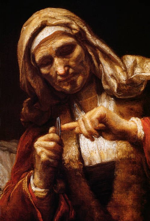 Detail of Old Woman Cutting Her Nails by School of Rembrandt