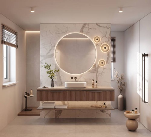 digitally generated image of a luxury bathroom with marble tiles - home decoration stock pictures, royalty-free photos & images